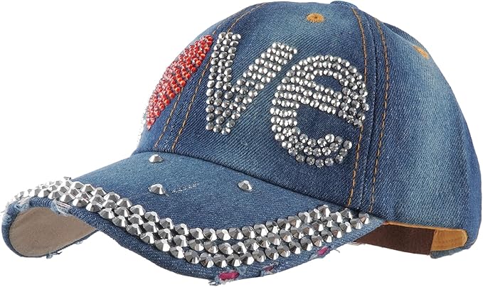Hoce Fashion Rhinestone Denim Baseball Cap Studded Bling Hat for Women