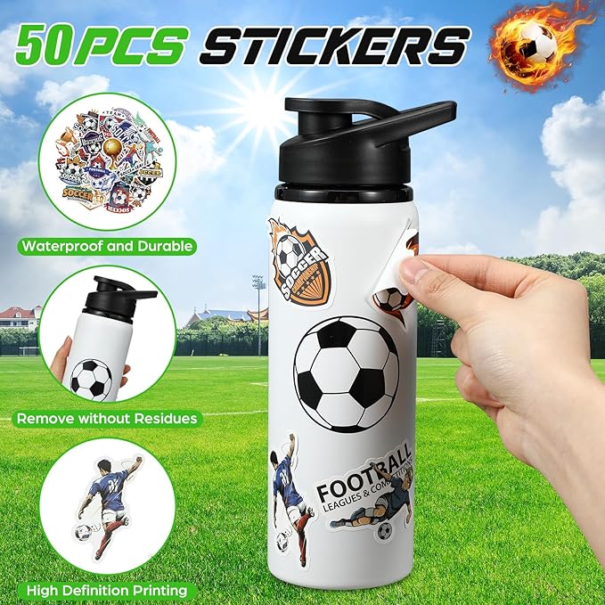 Ceenna 2 Pcs 24 oz Soccer Water Bottle with 50 Stickers, Stainless Steel Insulated Travel Tumbler Soccer Gifts for Team Sports Fans, Travel Gym Hiking Cycling Camping Bike Cages