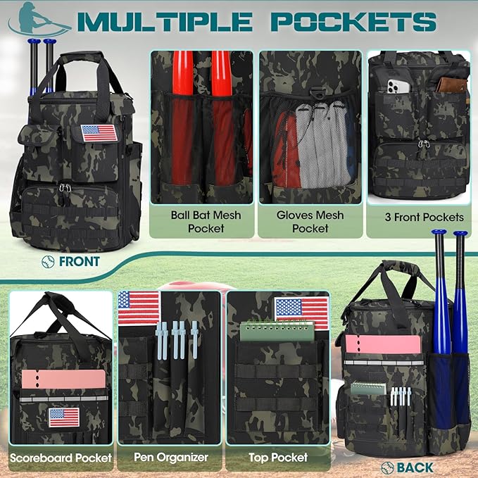 RAINSMORE Baseball Bucket Bag Baseball Coaches Accessories Organizer with Insulation Pocket Tactical Softball Bag with Anti-Slip Bottom, Multiple Pockets for Bat, Gloves, Scoreboards