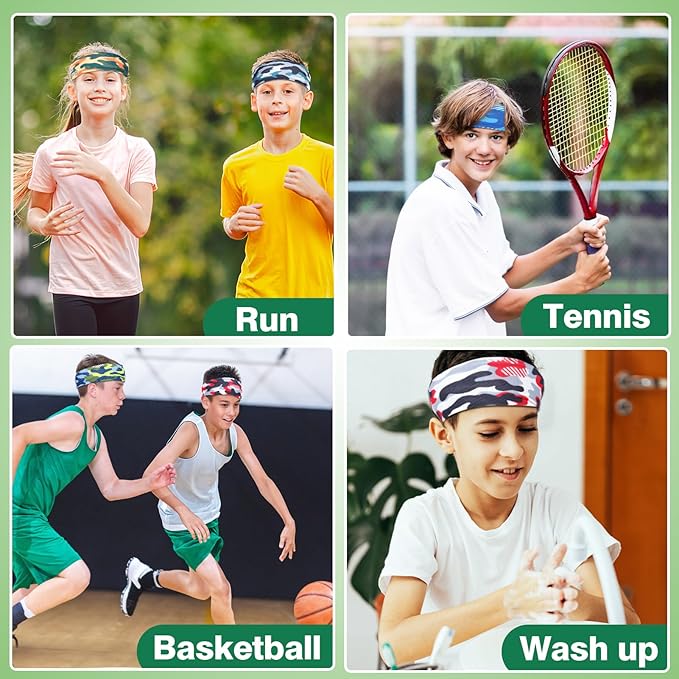 6Pcs Breathable Sports Sweatbands for Kids - Ages 4-10 Boys Girls Sweat Wicking Non Slip Elastic Hairbands, Athletic Headbands Accessories Gifts for Football Soccer Basketball Baseball Dance