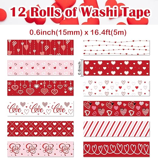 12 Rolls Love Heart Washi Tape Set, Wedding Party, Junk Journal, Scrapbooking - Image 2