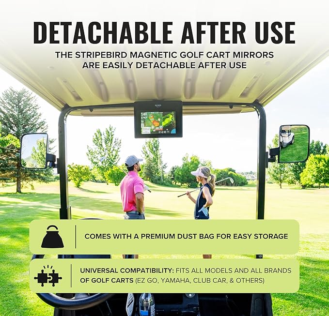 Stripebird - Magnetic Golf Cart Mirrors 2.0 (Black) - No Drilling - Ultra-Strength Magnet - 2 Folding Side Mirrors - EZ Go Accessory - Club Car Accessory - Golf Cart Accessory