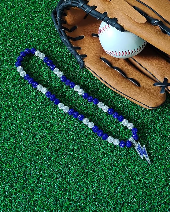 Baseball Necklace for Men 16/18/20 Inch Bling Ice Collection Lightning Bolt Pendant Necklace for Women Rhinestone Clay Beaded Discoball Accessories Gifts for Baseball Team Players Lovers