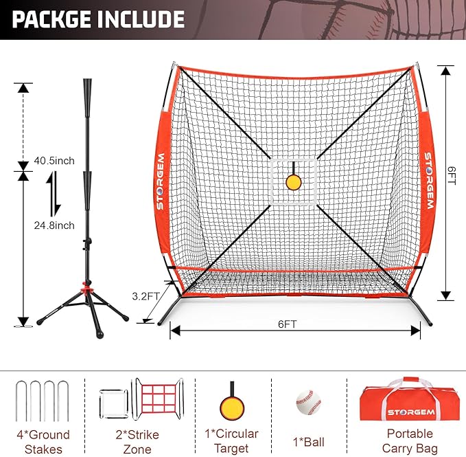 Storgem 6'X6' Baseball Softball Practice Net, Portable Baseball Net for Batting, Hitting, Pitching and Fielding, Carry Bag, Strike Zone and Batting Tee, Great for Kids Adult Youth