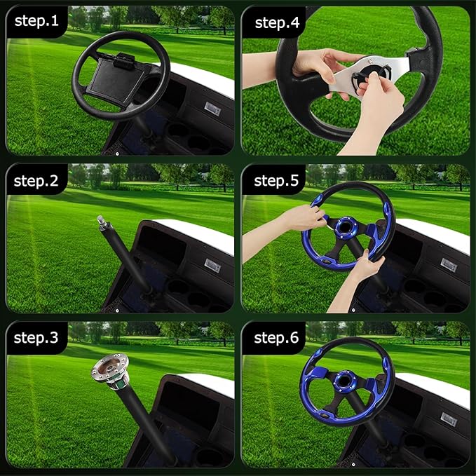 Golf Cart Steering Wheel, Universal Fit, PVC, Black and Blue, Medium Grip, For Golf Carts, Club Car, EZGO, RXV, TXT, Yamaha, Precedent, Tempo, DS