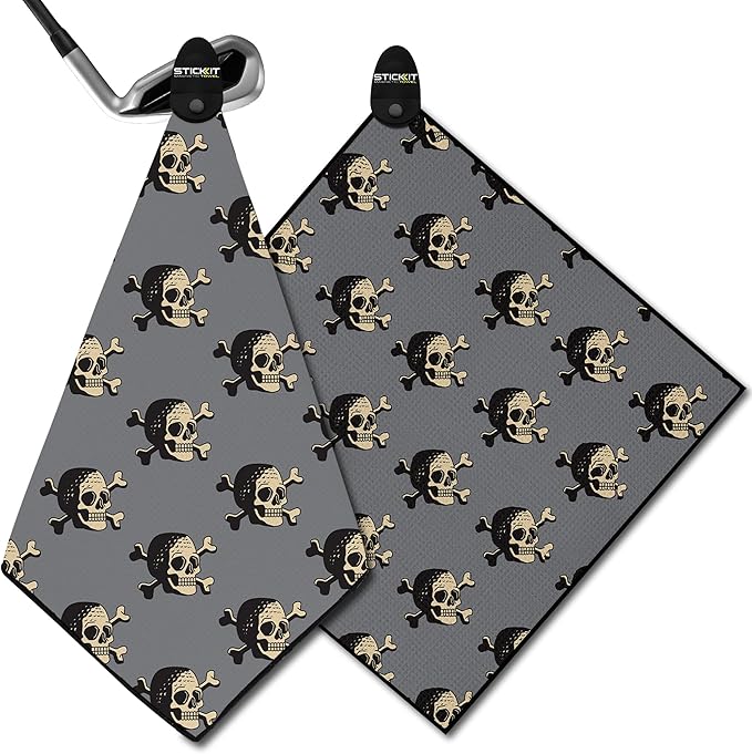 STICKIT Magnetic Golf Towel - Ultra-Absorbent with Waffle Weave Microfiber - Golf Towel with Magnet for Bags, Clubs & Carts - Removes Dirt, Grass, & Debris from Club Face - 29” x 29” (Gray Skulls)