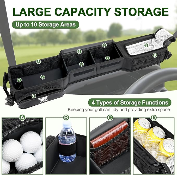 Foldable Golf Cart Inner Front Storage Basket, 1680D Oxford-Fabric Universal No-Drilling Golf Cart Dash Organizer Compatible with EZGO Club Car Drive Kandi Yamaha