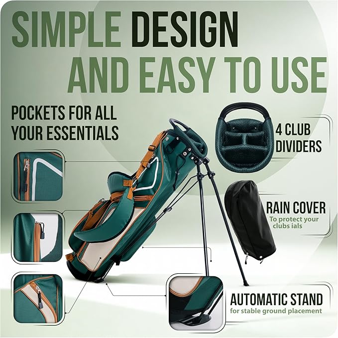 Ultra-Lite Golf Stand Bag - 3 Lbs, 4 Way Divider Portable Golf Club Carry Bag, Water-Repellent Golf Travel Case with Rain Hood, Golf Gifts for Men and Women