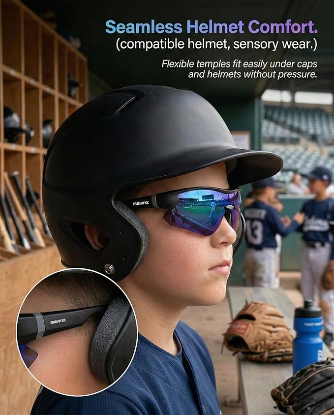 maivnz Youth Baseball Sunglasses for Boys and Girls Ages 6-12, Kids Sports Glasses for Softball Cycling, Helmet Compatible