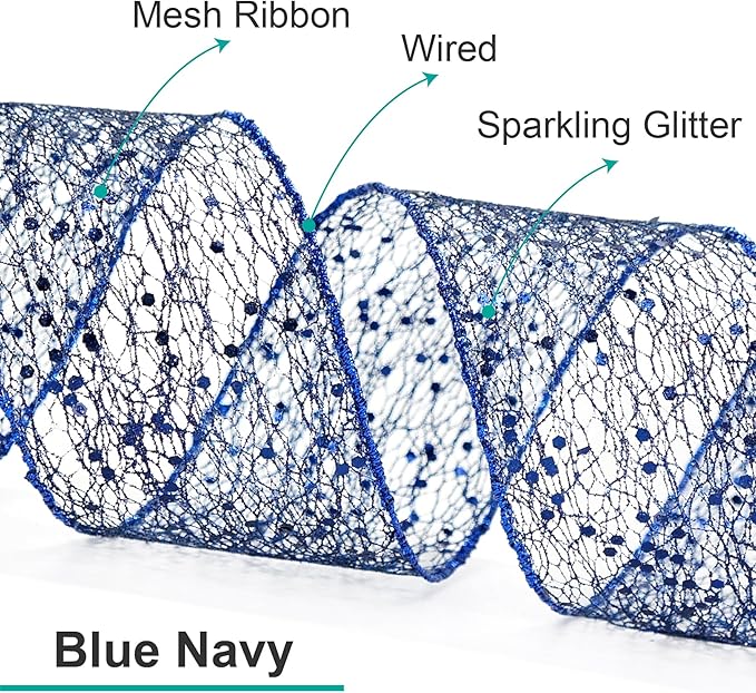 CT CRAFT LLC Sparkling Glitter Mesh Wired Ribbon 2.5" x 10 Yards Blue Navy - Image 2