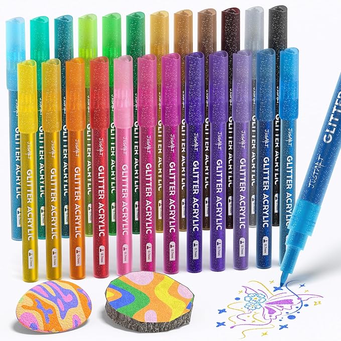 JusArt 24 Colors Glitter Markers, 0.7mm Extra Fine Tip Acrylic Glitter Pens by JusArt