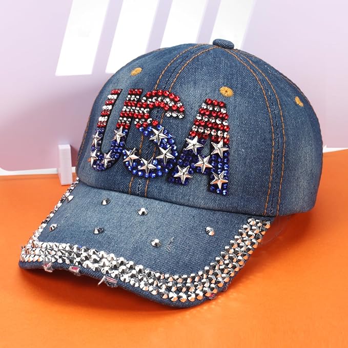 American Flag Hats Love Breast Cancer Adjustable Rhinestone Baseball Cap USA Patriotic Embroidered Baseball Trucker Hat