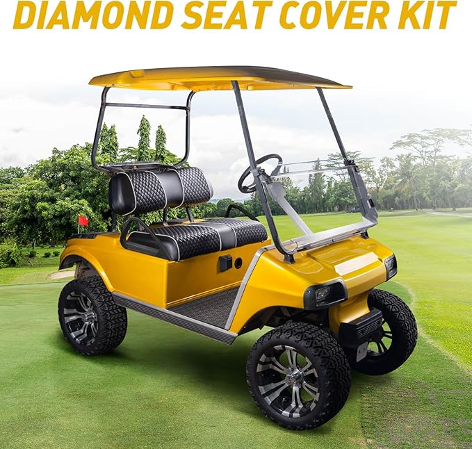 NOKINS Golf Cart Seat Covers Fit for Club Car DS 2000.5-Up OEM Standard Front Seat Cushion, Backrest Vinyl Litte Diamond Seat Covers, No Stapler Required (Black&White Piping)