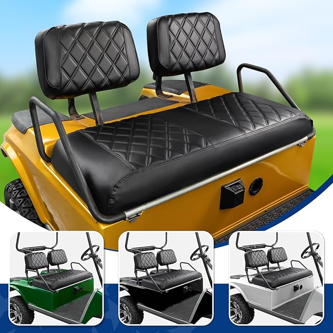 NOKINS 4PCS Golf Cart Diamond Seat Covers Kit,Front and Rear Seat Covers for Club Car Precedent/EZGO TXT/Yamaha Original Regular Seat Cushion (Black&Black Stitching, Fit Club Car DS Pre-2000)