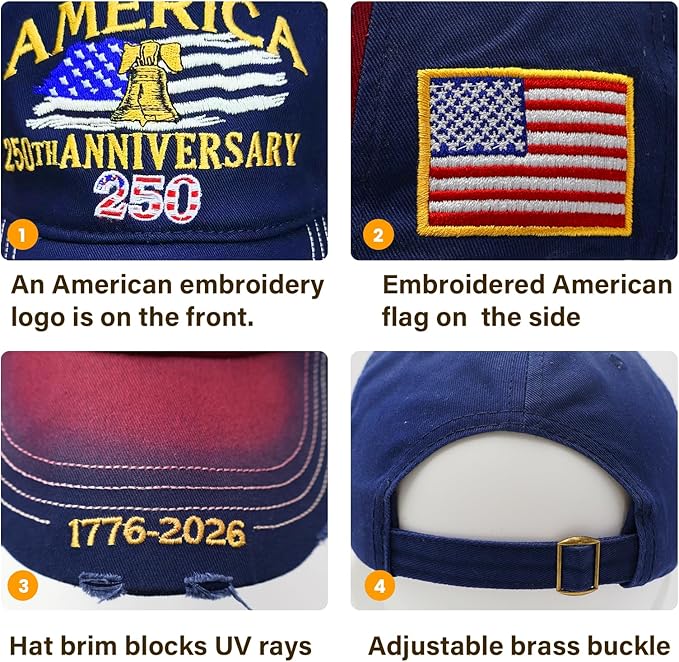 U.S.A 250th Anniversary Embroidered Baseball Cap Adjustable 1776-2026 Anniversary Birthday Retro Patriots Hat for Men Women