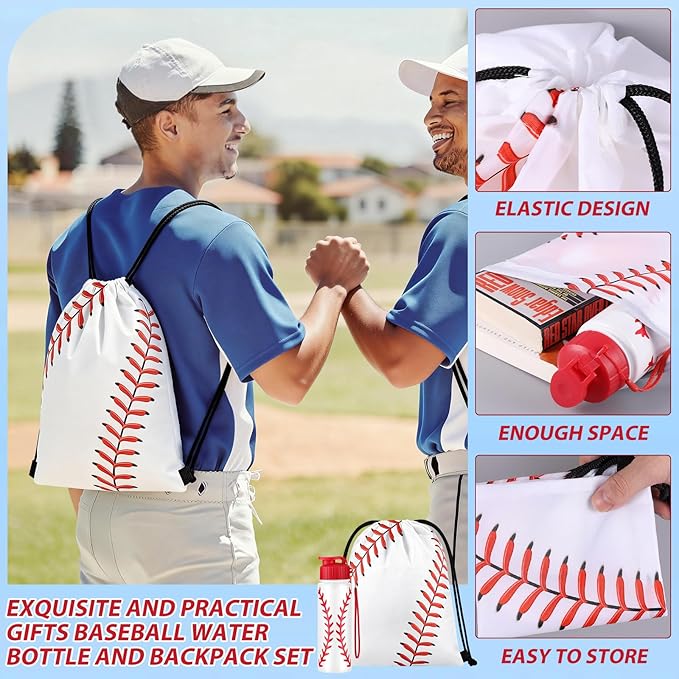 Olgaa 12 Pcs Baseball Party Favors Include 6 Pcs Water Bottle 20 oz 6 Pcs Drawstring Bag Sports Themed Reusable Drink Bottles Bulk Accessories for Players Lovers Team Gifts (Baseball)