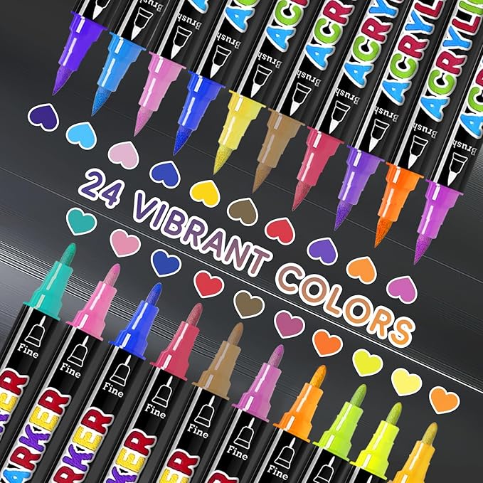 24 Colors Dual Tip Acrylic Paint Markers, Premium Acrylic Paint Pens - Image 3