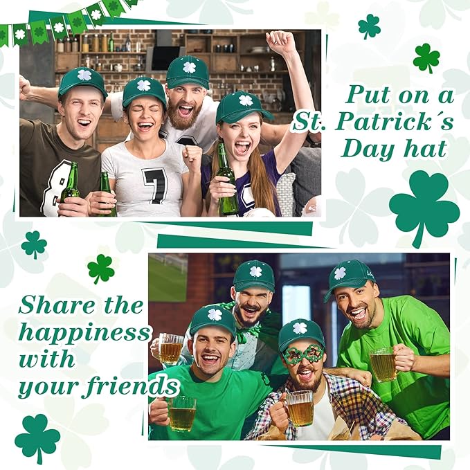 Tigeen 4 Pcs St Patricks Day Clover Caps Shamrock Hat Ireland Irish 4 Leaf St. Patrick's Day Hat Gift Men Women Baseball Cap