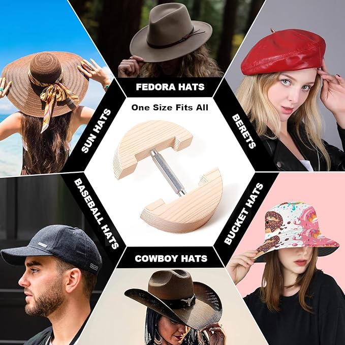 Hat Stretcher for Fitted Hats, Cowboy Hat Stretcher Fitted Hat 7 to 8 1/2, Adjustable Wooden Hat Jack Stretcher Fits All Caps