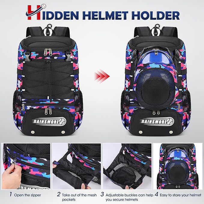 RAINSMORE Baseball Bag for Youth & Adult Lightweight Softball Bat Bag with Shoe Compartment, External Helmet Holder and Fence Hook Waterproof Baseball Backpack Hold T-Ball, Bat and Softball Equipment