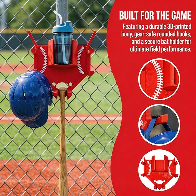 Baseball and Softball Dugout Organizer, Fence-Mounted Hanging Rack for Bats Helmets Gloves Drinks, Portable and Space-Saving (Purple)