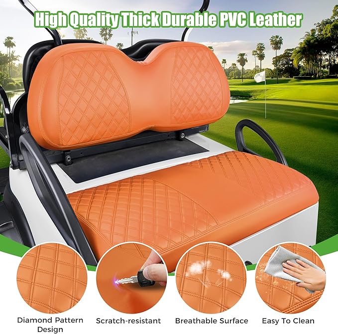 10L0L Golf Cart Seat Covers for Club Car Precedent,EZGO TXT Front/Rear Seats Diamond Pattern,Vinyl Leather with Adjustable Straps and Retractable Buckle, No Stapler Needed