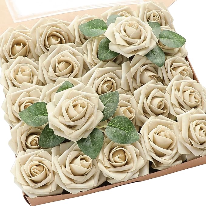 Floroom Artificial Flowers 25pcs Real Looking Beige Foam Fake Roses by Floroom