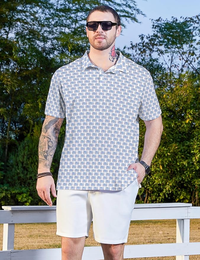 HUURAY Funny Golf Polos for Men Funny Print Short Sleeve Shirts Quick Dry Polo Shirts Hawaiian Shirt Performance Golf Outfits