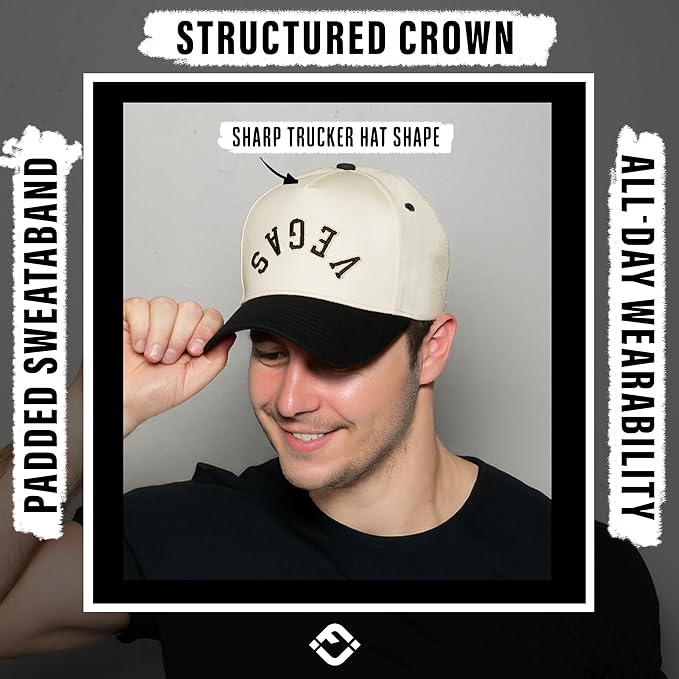 Funky Junque Upside Down City Trucker Hat for Men and Women – Unisex 3D Embroidered Gameday Baseball Cap, Retro Snapback Hats
