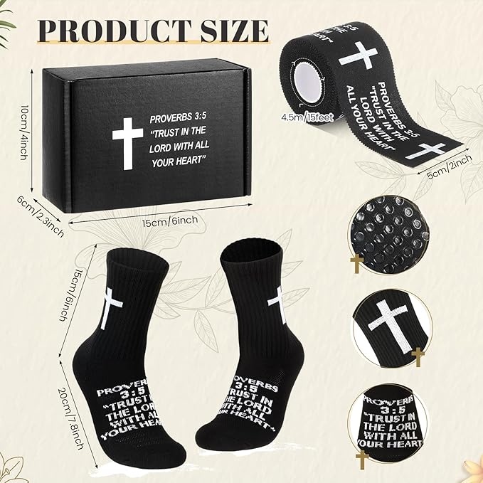 TrelaCo 4 Pack Christian Sports Gift Set with Athletic Tape Sport Socks Cross Necklace Gift Boxes Religious Soccer Socks