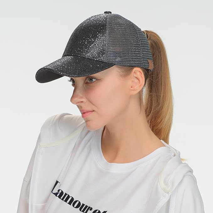 C.C Ponycap Messy High Bun Ponytail Adjustable Glitter Mesh Trucker Baseball Cap