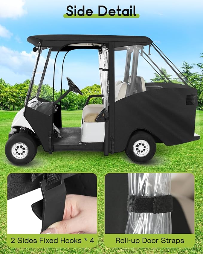4 Passenger Golf Cart Enclosure for Yamaha G29 Drive 2 Short Roof 2+2 4-Seater Waterproof Windproof Driving Rain Cover 4-Sided Clear Windows Roll-up Door Black