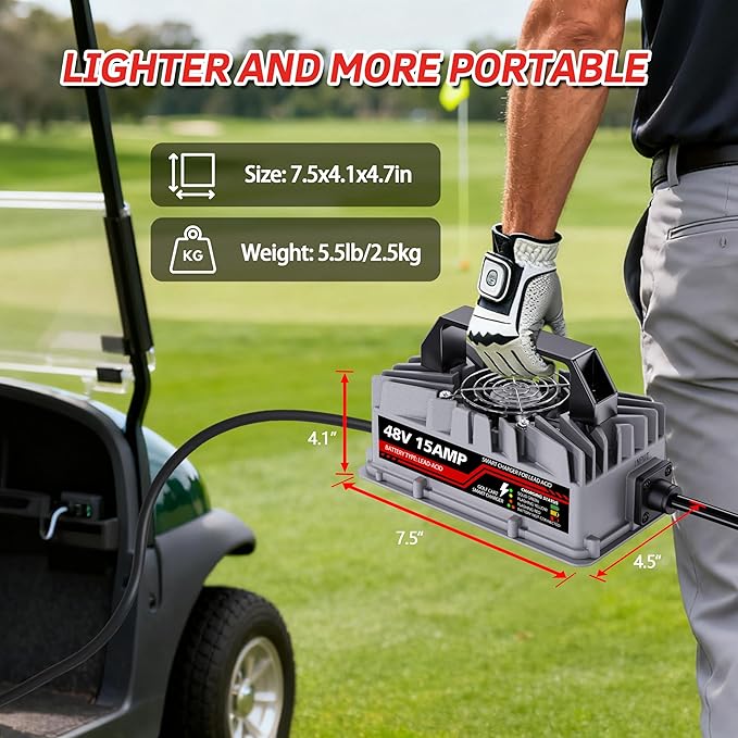 15 Amp 48 Volt Golf Cart Battery Charger for EZGO RXV & TXT - 3-Pin Triangular Plug, Smart Charger for Lead-Acid Batteries, IP67 Waterproof, Multi-Protection, Unique Design (Silver)