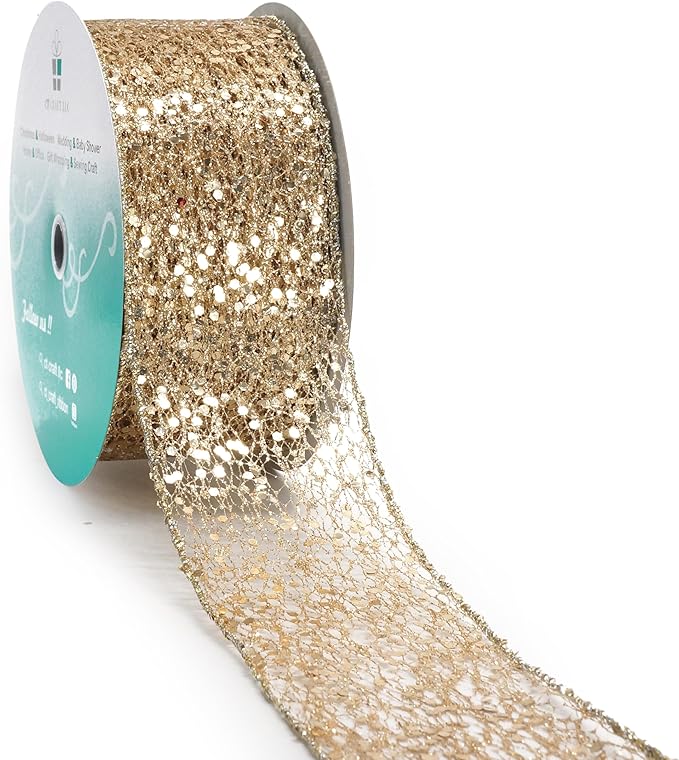 CT CRAFT LLC Sparkling Glitter Mesh Wired Ribbon 2.5" x 20 Yards Champagne Gold by CTCRAFTLLC