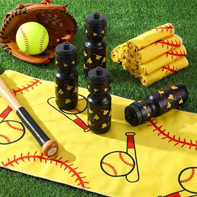 24 Pcs Sports Water Bottle Bulk Cooling Towel Set Include 12 Softball Water Bottle 12 40"x12" Cooling Towels Sports Themed Accessories for Soccer Team Gift Events Party Players Lovers Coach Training