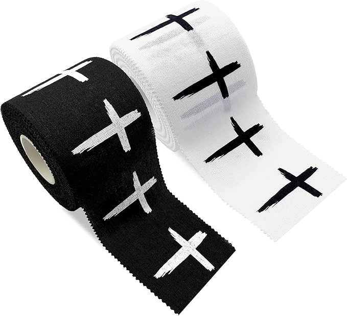 Cross Sports Athletic Tape 2 in x 30 ft 100% Cotton Christian Gift God Jesus Bible Verse Faith White Black Wrap Brace Wrist Ankle Finger Football Baseball Soccer Wrestling (2 Qty: Distressed Wht+Blk)