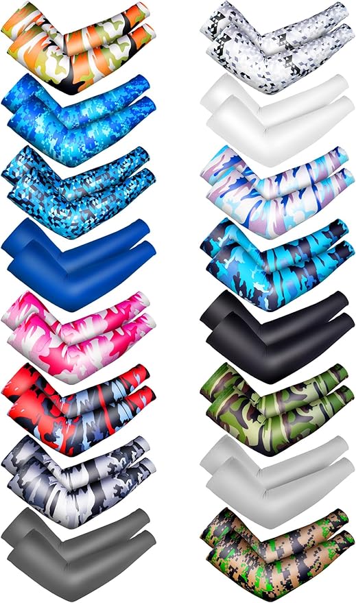16 Pairs Sports Arm Sleeves for Kids Basketball Baseball Arm Sleeves UV Sun Protection Cooling Arm Cover Sleeve