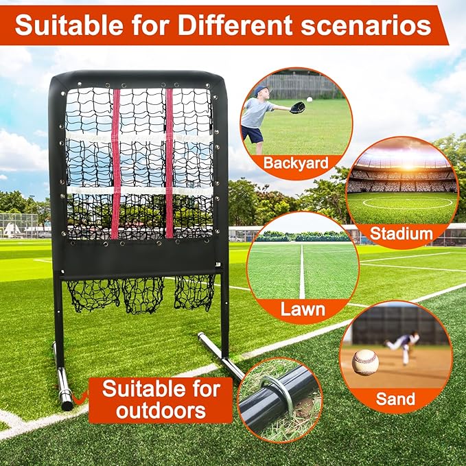 9 Hole Pitching Net with Strike Zone and Handbag, 2X3' Fixed by 4 Ground Stakes or 2 Sandbags. Adjustable Heights(39-46in) for Pitching Target Net