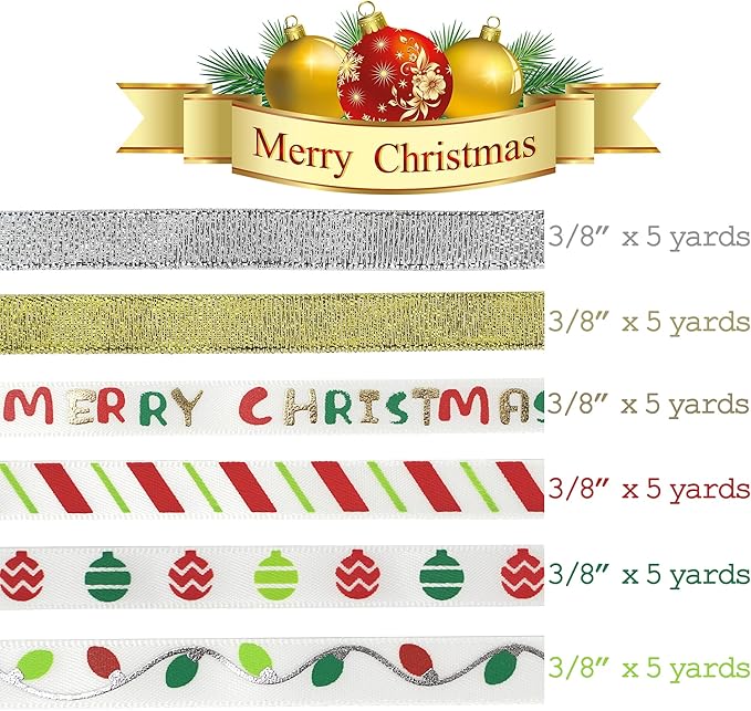 MEEDEE Christmas Ribbon 3/8 inch Thin Holiday Ribbon Set in Red, Xmas Wreath - Image 3