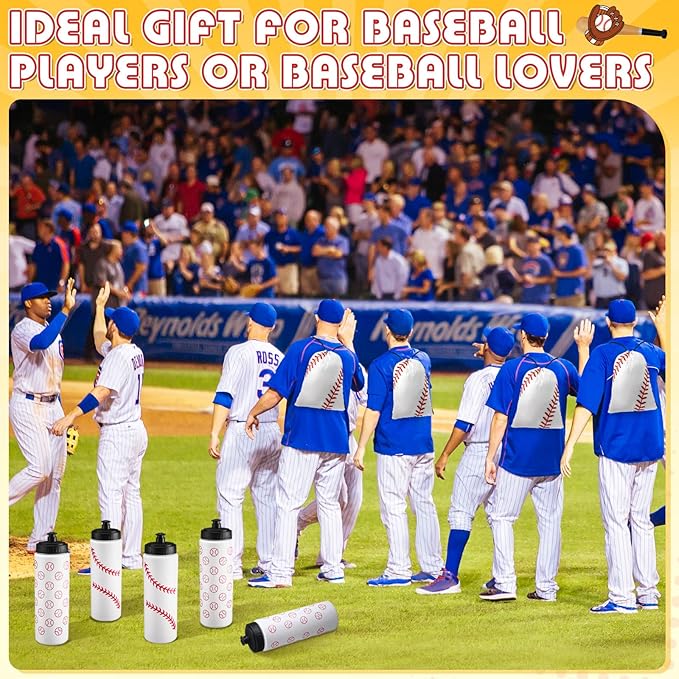 12 Pcs Baseball Party Favors Team Gifts Set 6 Baseball Water Bottle 6 Baseballs Drawstring Bag and 50 Sticker 20 Oz Reusable Squeeze Bottle Bulk Goodie Bag for Party Supplies Gift Sport Event Bike