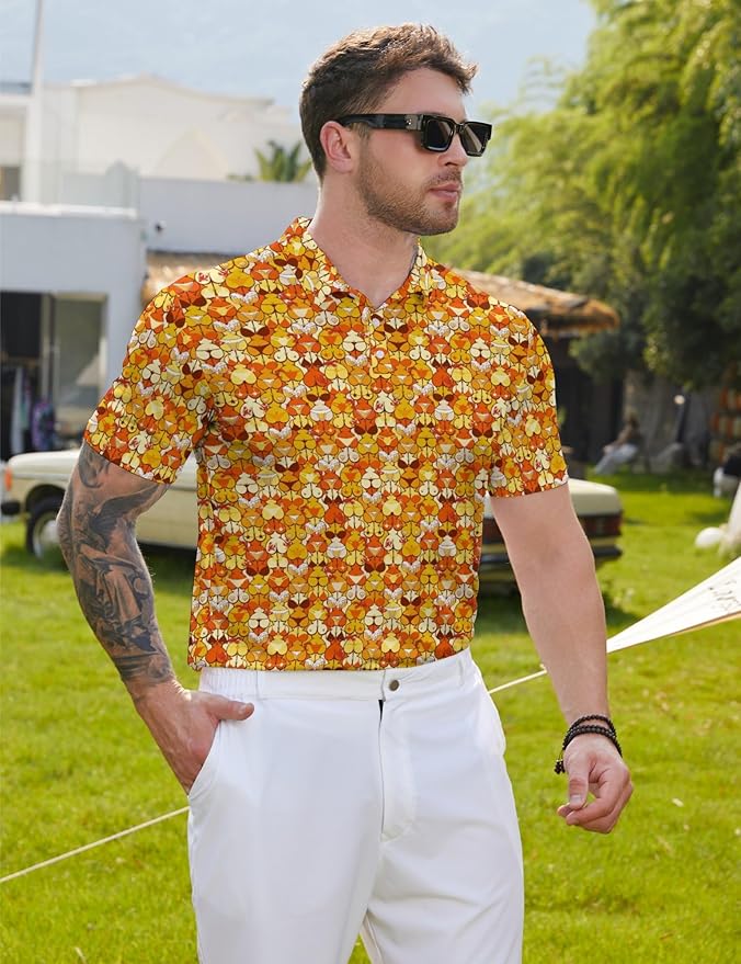 HUURAY Funny Golf Polos for Men Funny Print Short Sleeve Shirts Quick Dry Polo Shirts Hawaiian Shirt Performance Golf Outfits