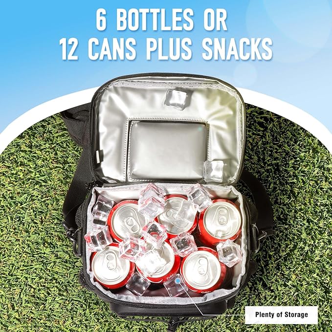 Golf Cart Cooler Bag Insulated - 12-Can Leakproof Soft Cooler Bag with Hook-and-Loop Lid, Waterproof Zippers, and Multi-Pockets for Accessories; Fits on Golf Push Cart