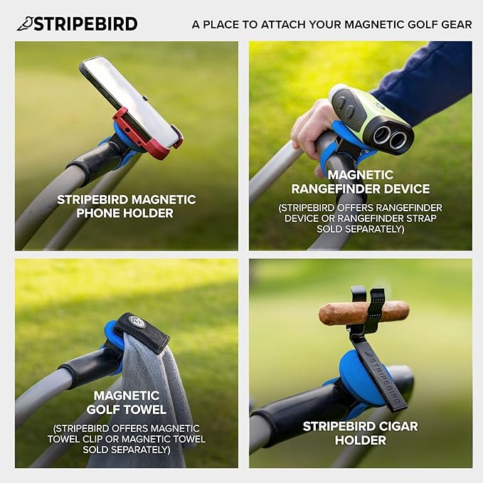 Stripebird - 2.0 Golf Push Cart Mount for Magnetic Accessories (Blue) - Push Cart Strap for Quick and Easy Access of Golf Gear - Cell Phone Holder for Golf Cart - Phone Holder for Golf Cart