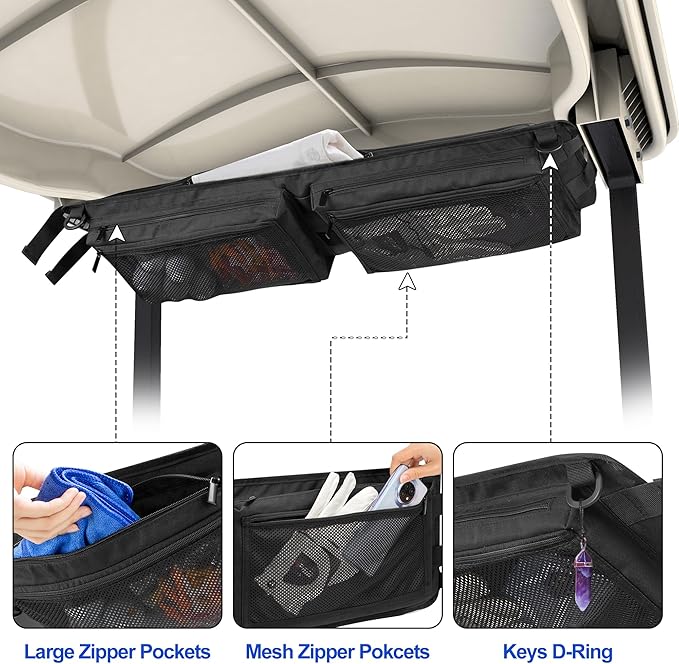 PGmoon Golf Cart Ceiling Storage Bag, Golf Cart Overhead Organizer Bag Compatible with Club Car Precedent,Tempo, Onward, Black