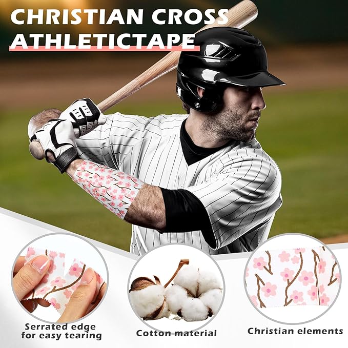 TrelaCo 1 Pcs Wrist Tape Baseball Cross Christian Athletic Tape 2in x 23ft Sports Wrap Cotton for Football Hockey Soccer Baseball Fingers Ankles Wrist Injury Wrap(Pink Cherry Blossoms,White)