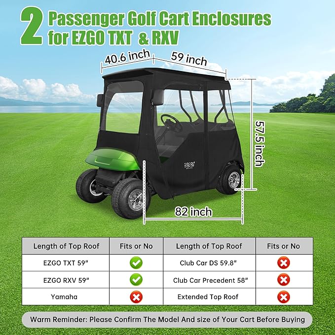 10L0L 2 Passenger Golf Cart Enclosure for EZGO TXT & RXV, 600D Waterproof Golf Cart Rain Cover, Heavy Duty Driving Enclosure, Snowproof Windproof, with Clear PVC Windows & Tail Light Panel - Roof 59”