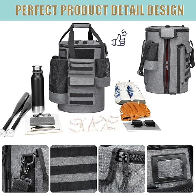 Baseball Bucket Bag Baseball Coaching Accessories Organizer Tactical Style Softball Bucket Bag with Anti-Slip Bottom, Multiple Pockets for Bat, Gloves, Scoreboards