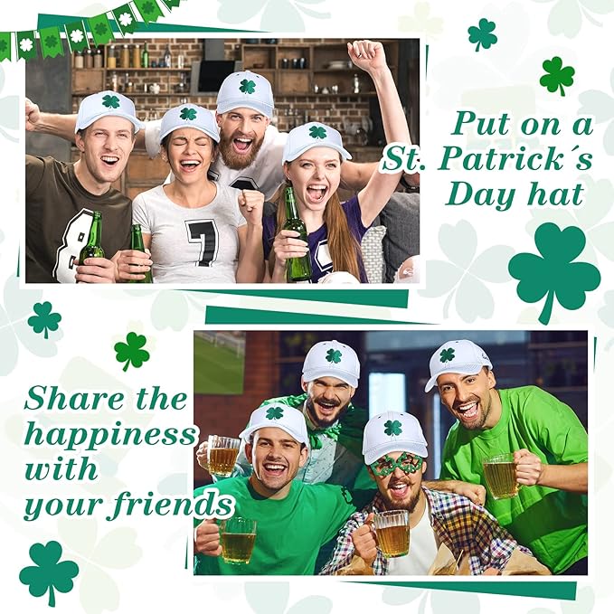Tigeen 4 Pcs St Patricks Day Clover Caps Shamrock Hat Ireland Irish 4 Leaf St. Patrick's Day Hat Gift Men Women Baseball Cap
