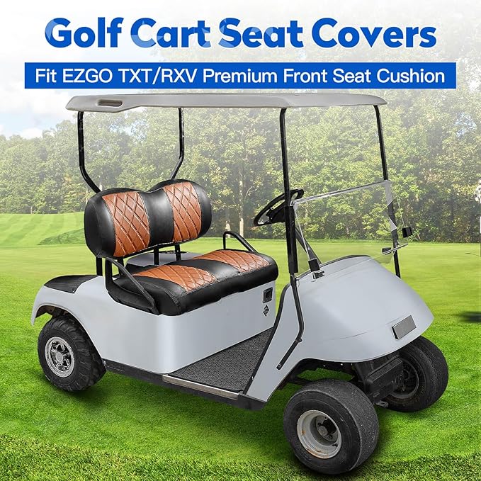NOKINS Golf Cart Seat Covers Fit EZGO TXT RXV Freedom Liberty Express Premium Front Seat Cushion, Golf Cart Accessories Replacement Premium Front Seat Covers, No Stapler (Brown&Black)