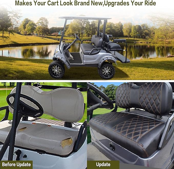 NOKINS Golf Cart Diamond Seat Covers Kit, Fit for Yamaha Drive/Drive 2 OEM Standard Front Seat Cushion, Golf Cart Vinyl Seat Cover, No Nails Required (Black and Brown Stitching)